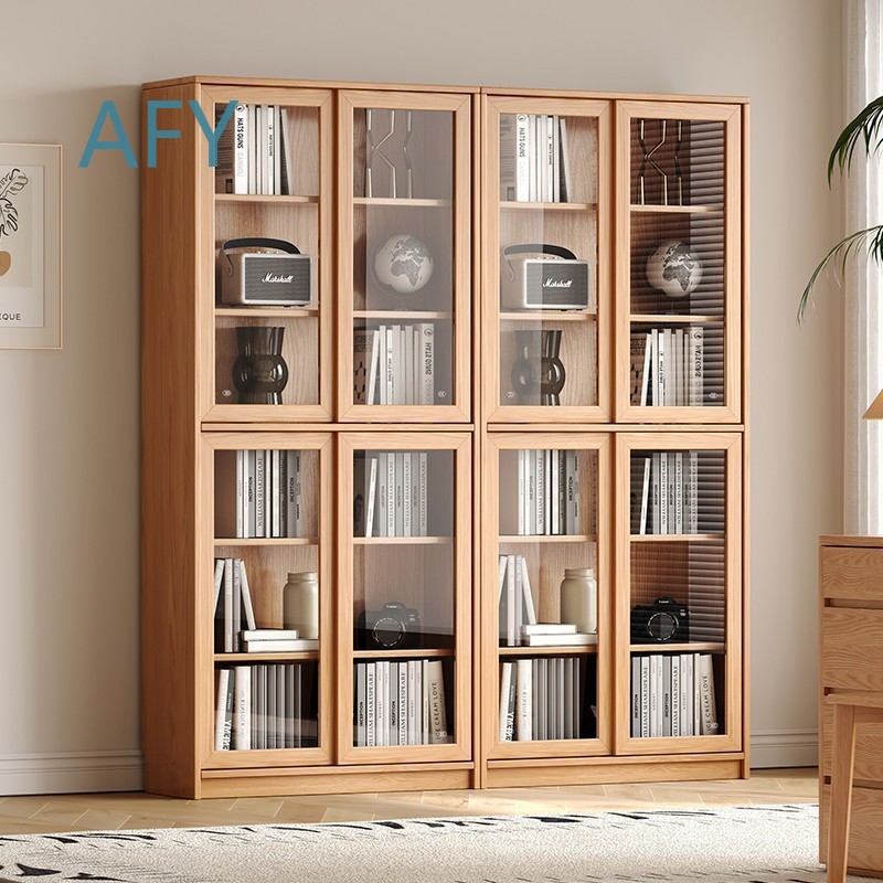 Muji Home Storage - オーク無垢材の本棚、スライド式ガラス扉と棚付き、モダンな家の寝室や書斎の収納家具、IKEA MUJI対応
