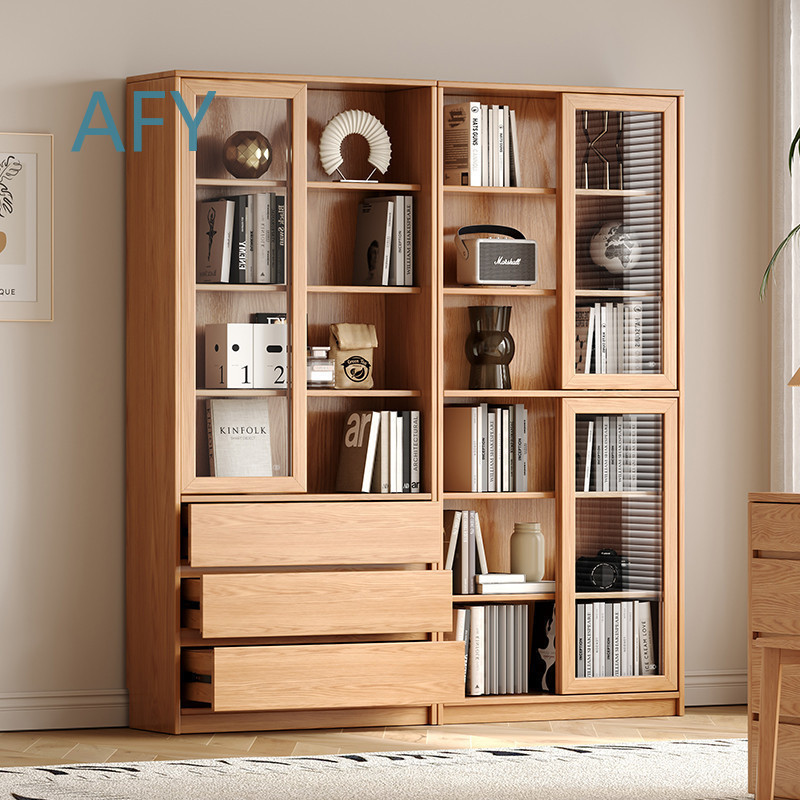 オーク無垢材の本棚、スライド式ガラス扉と棚付き、モダンな家の - Muji Home Storage のレビューと価格