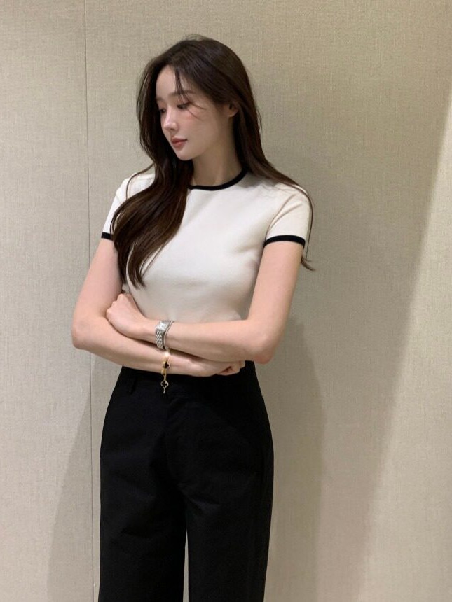シックな夏の新作、薄手のカラーブロック半袖ニットセーター、韓 - Korean Women Lifestyle のレビューと価格