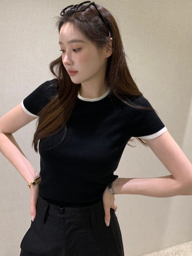 シックな夏の新作、薄手のカラーブロック半袖ニットセーター、韓 - Korean Women Lifestyle のレビューと価格